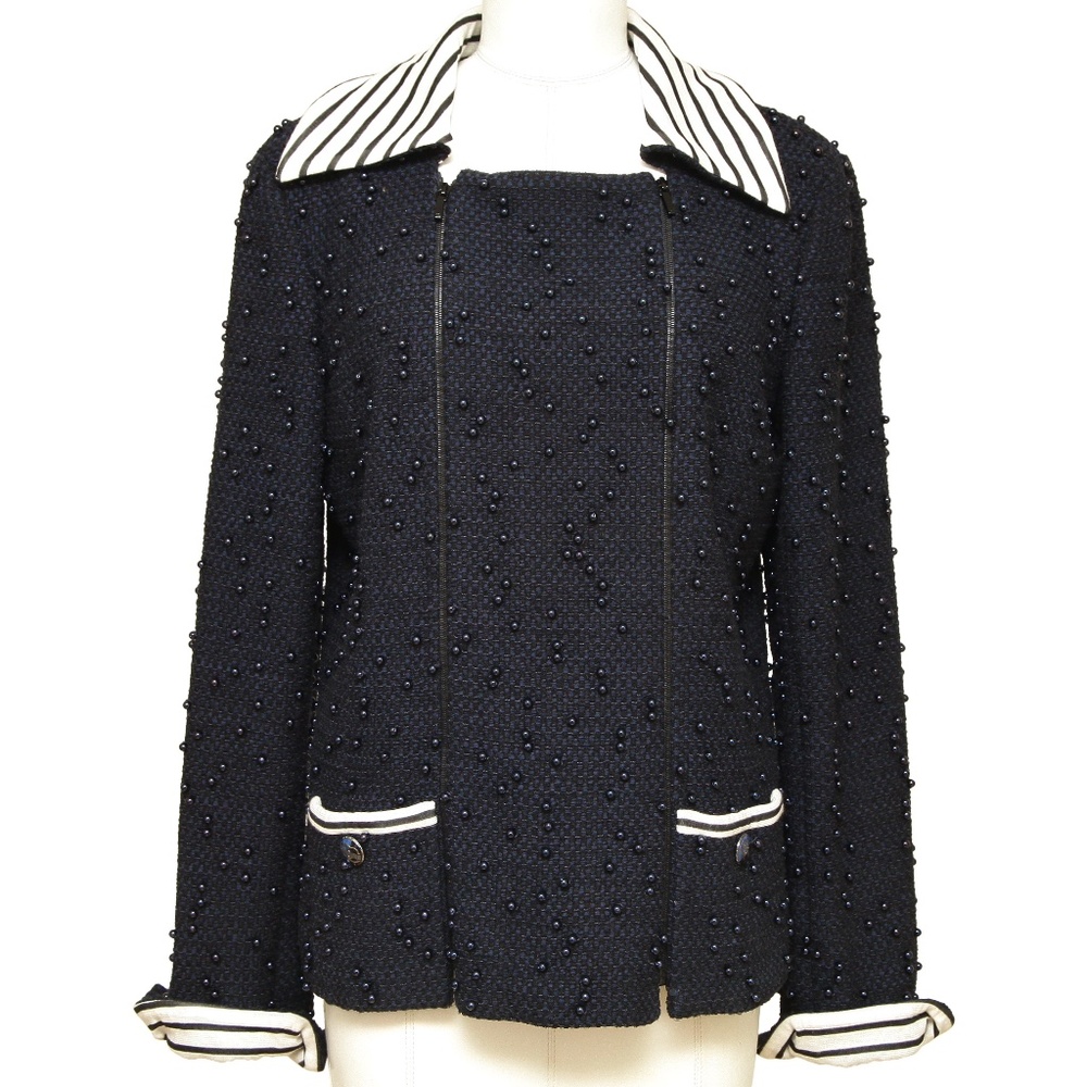CHANEL Blazer Jacket Coat Tweed Navy Blue Beaded Buttons Zipper 2017 Sz 40